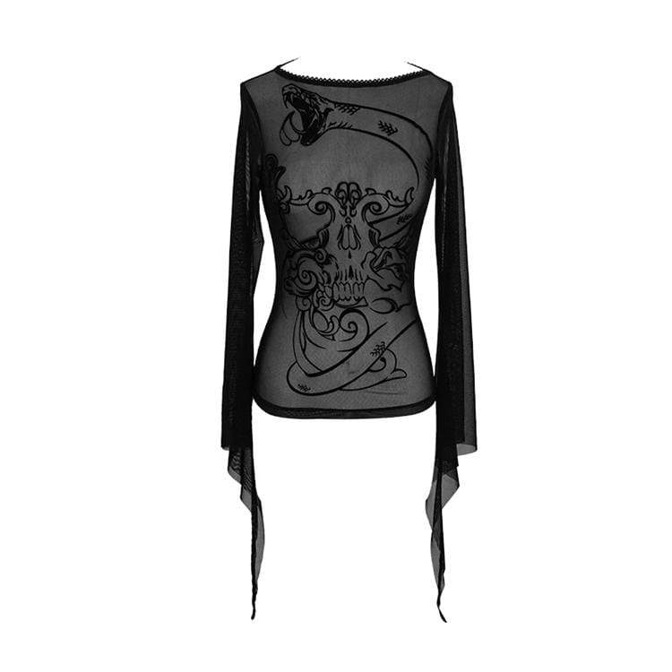 DEVIL FASHION Women's Goth Sheer Flare Sleeved Mesh Tops