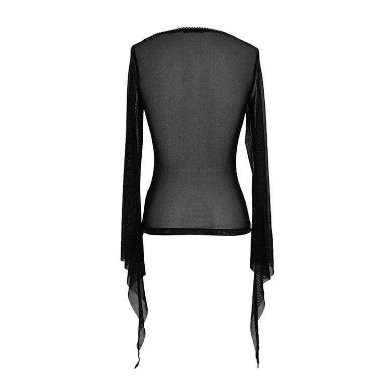 Mesh Cloud Crop Top – Blue Sheer, Long Sleeve, Slim Fit – Teen Trendy Alt Goth