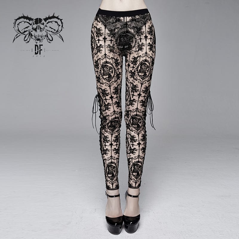 DEVIL FASHION Women's Goth Sheer Floral Lace Leggings