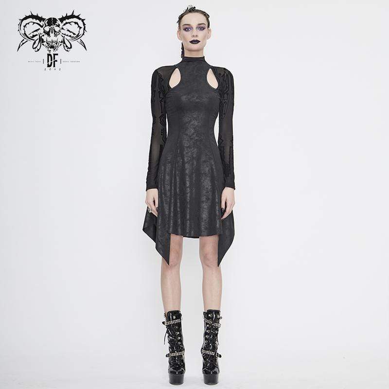 Women's Gothic Asymmetrical Flared Long Sleeved Dresses with Tear-Drop Cut-out Details