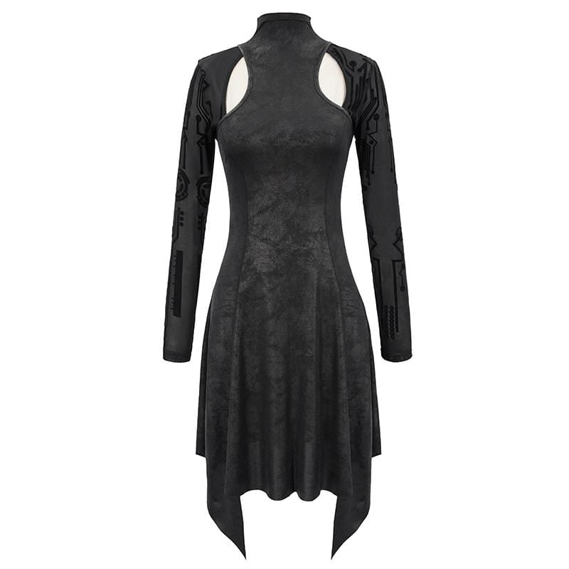 Women's Gothic Asymmetrical Flared Long Sleeved Dresses with Tear-Drop Cut-out Details