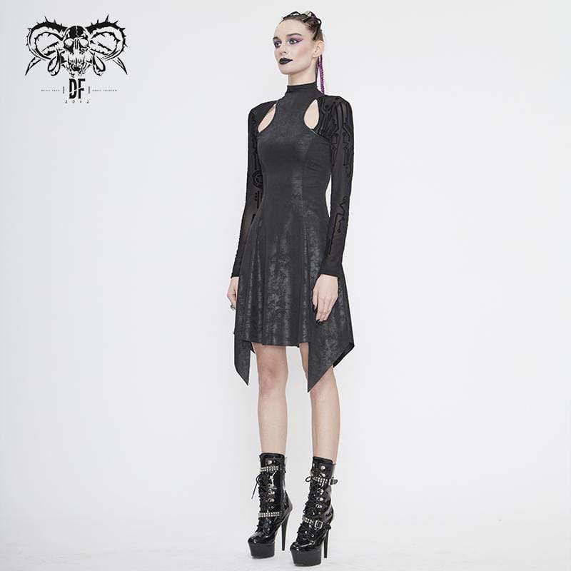 DEVIL FASHION Women's Gothic Asymmetrical Flared Long Sleeved Dresses with Tear-Drop Cut-out Details
