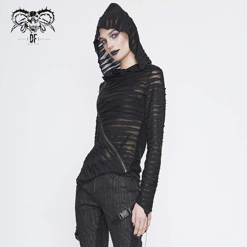 Women's Gothic Asymmetrical Sheer Long Sleeved Tops with Hood