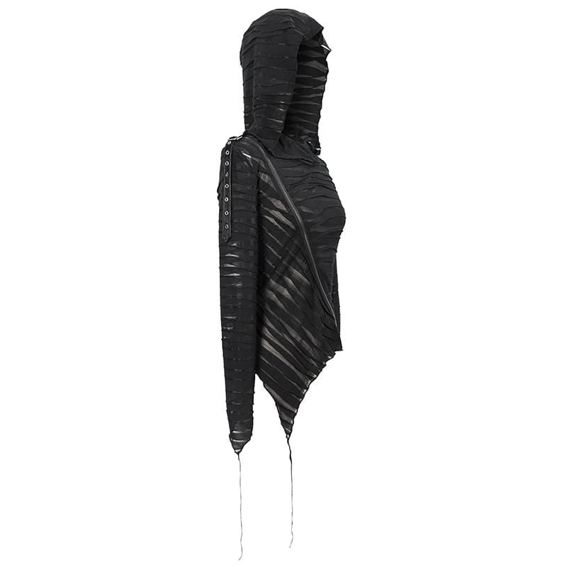 Women's Gothic Asymmetrical Sheer Long Sleeved Tops with Hood