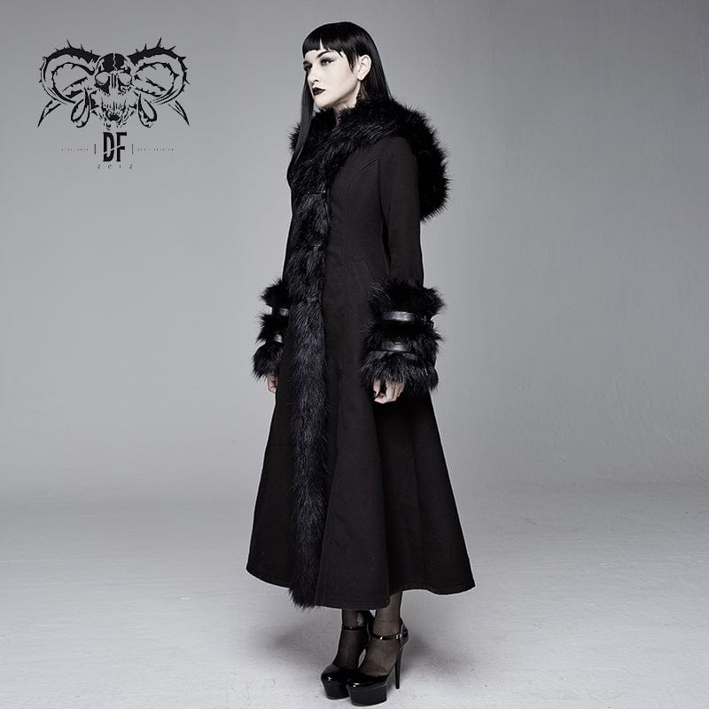 Devil Fashion Women's Gothic Black Hooded Dresses With Detachable Fluffy Accessories