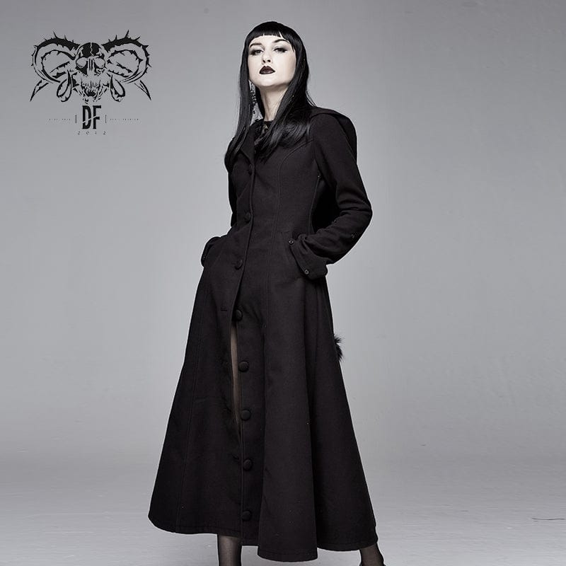 Devil Fashion Women's Gothic Black Hooded Dresses With Detachable Fluffy Accessories