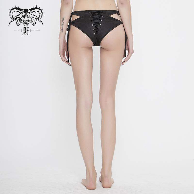Women's Gothic Black Lace-up Detailed Bikini Bottoms