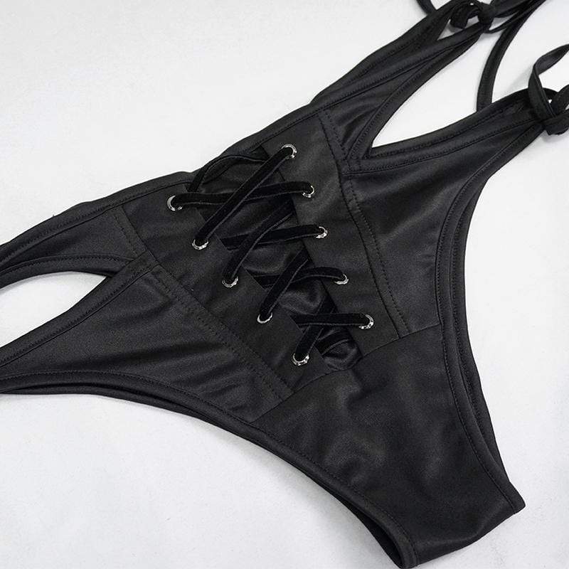 Women's Gothic Black Lace-up Detailed Bikini Bottoms