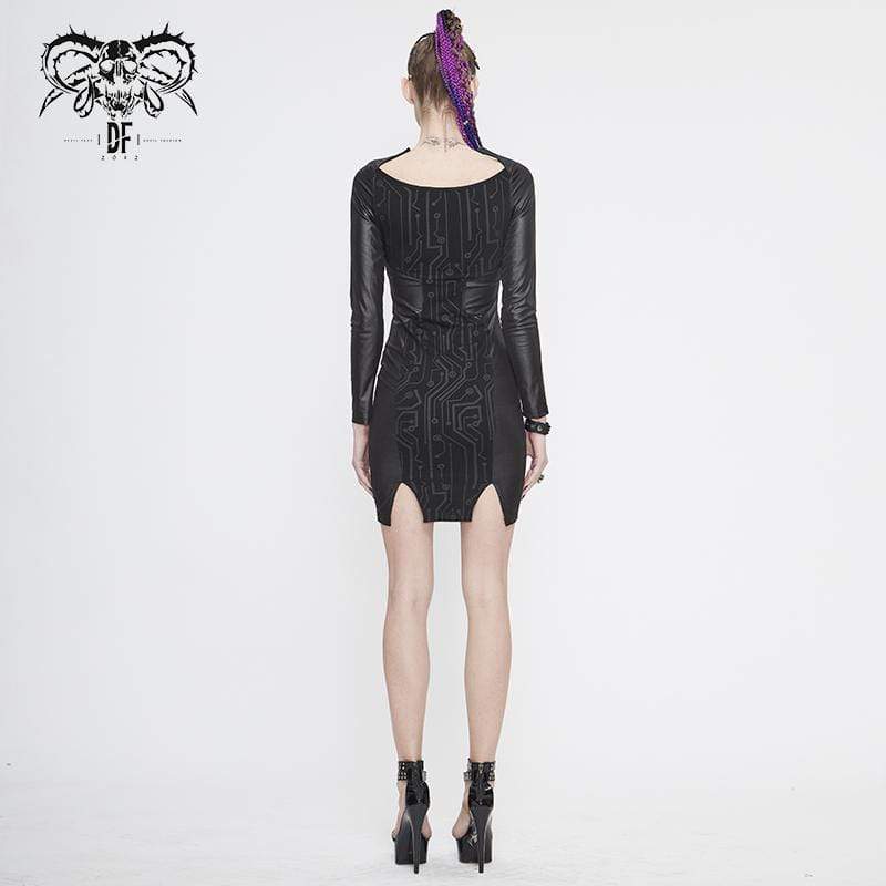 Women's Gothic Black Long Sleeved Short Shift Dresses with Lace