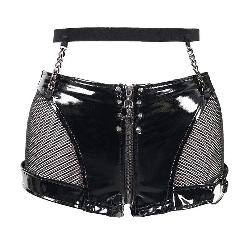 Women's Gothic Black Net Inset Sexy PU Leather Shorts