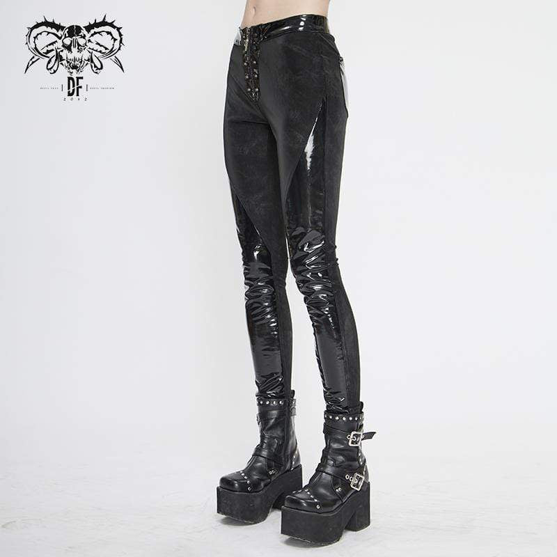 Women's Gothic Black PU Leather & Denim Skinny Pants