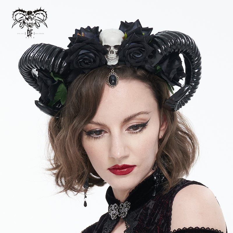 DEVIL FASHION Women's Gothic Black Rose Skull Hair Band