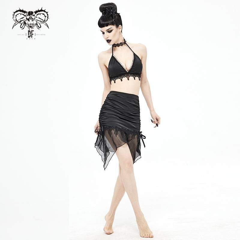 Women's Gothic Black Ruffled Asymmetrical Hem Skirtini