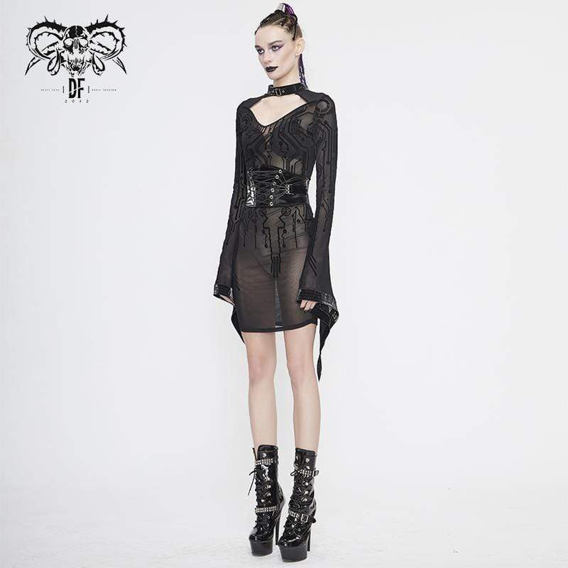 Women's Gothic Black Sheer Lace Long Tulip Sleeved Short Shift Dresses