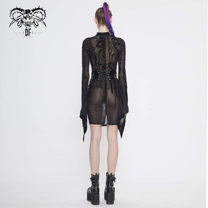 Women's Gothic Black Sheer Lace Long Tulip Sleeved Short Shift Dresses