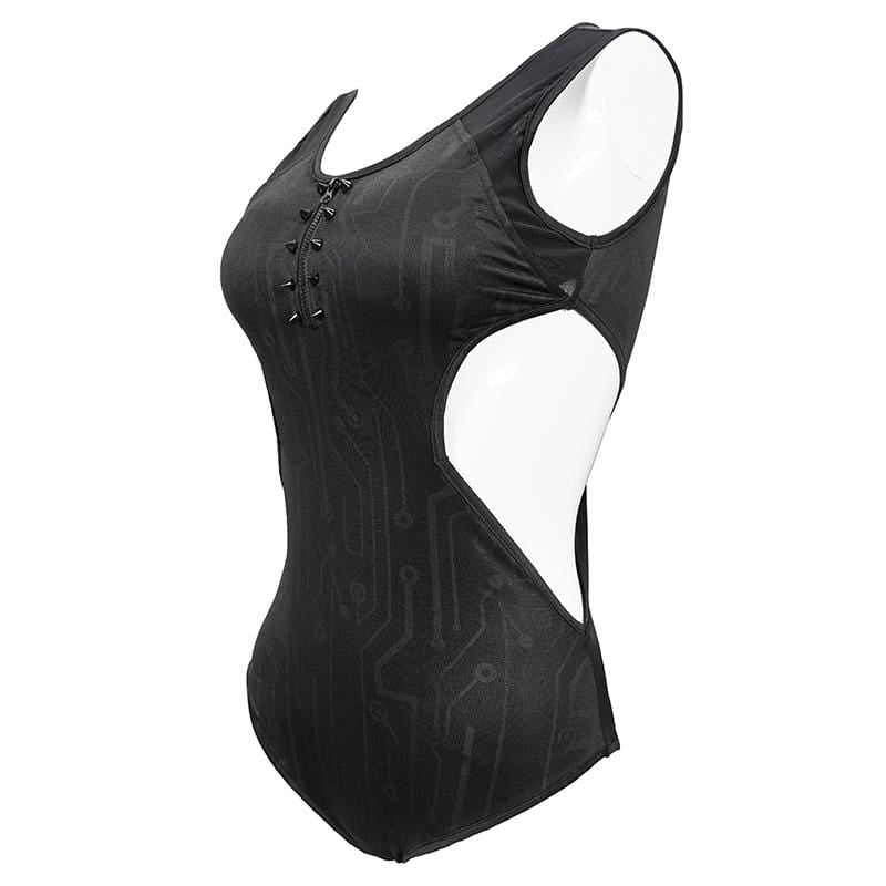 Women's Gothic Black Sleeveless Leotard Swimming Suit