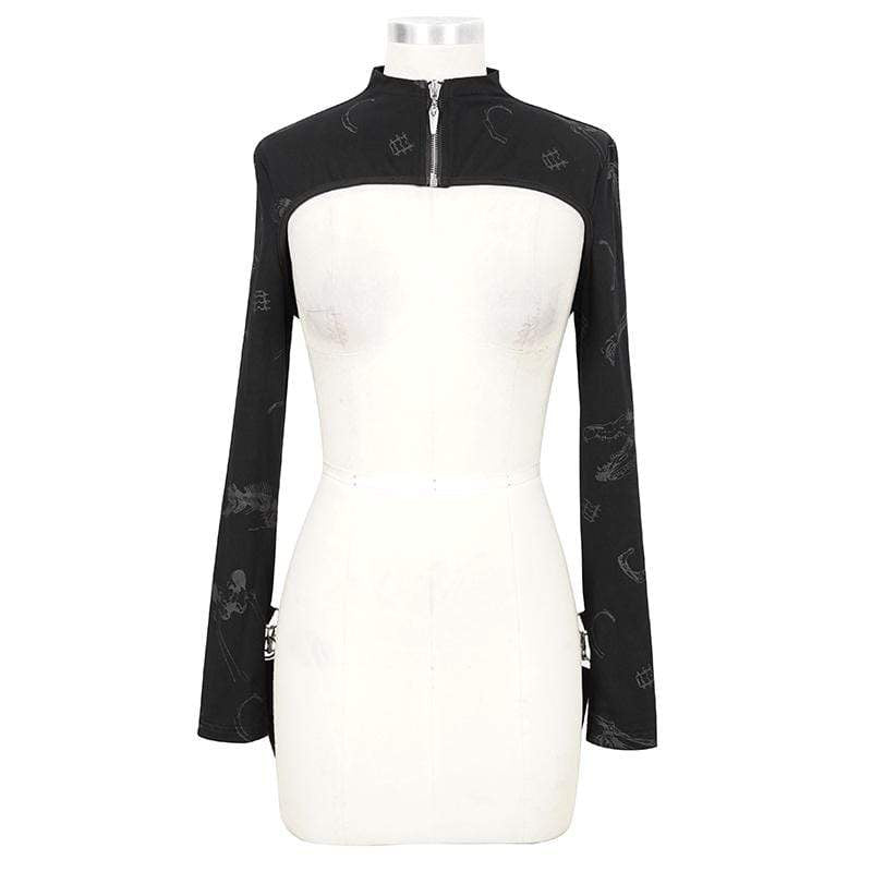 Gothic Bone Printed Strappy Zipper Cape für Damen