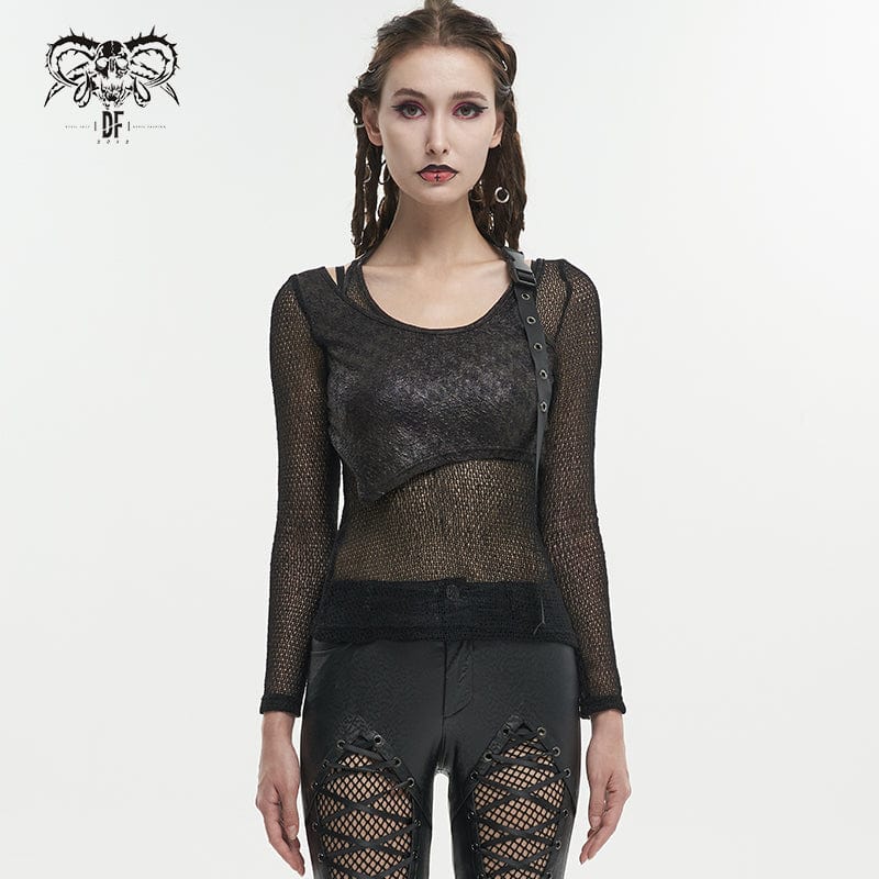 DEVIL FASHION Women's Gothic Buckle Mesh Shirt