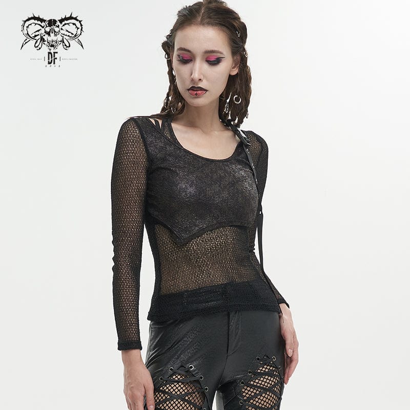 DEVIL FASHION Women's Gothic Buckle Mesh Shirt