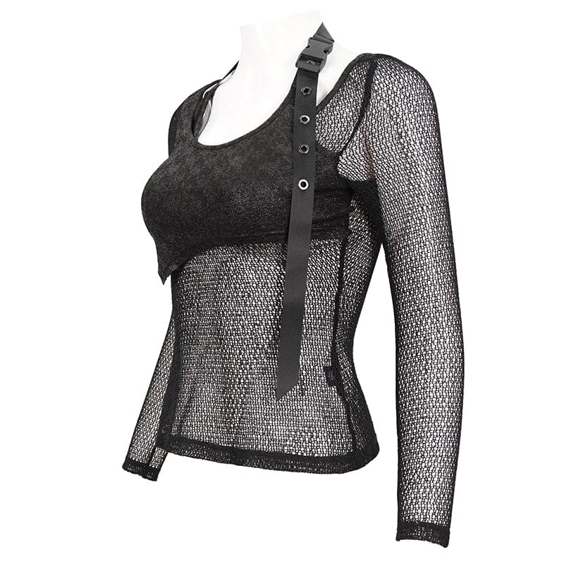 DEVIL FASHION Women's Gothic Buckle Mesh Shirt