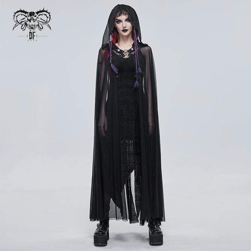 Women's Gothic Buckles Sheer Long Cloak with Hood