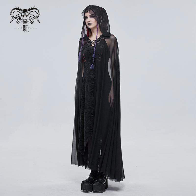 Damen Gothic Schnallen Sheer Long Umhang mit Kapuze