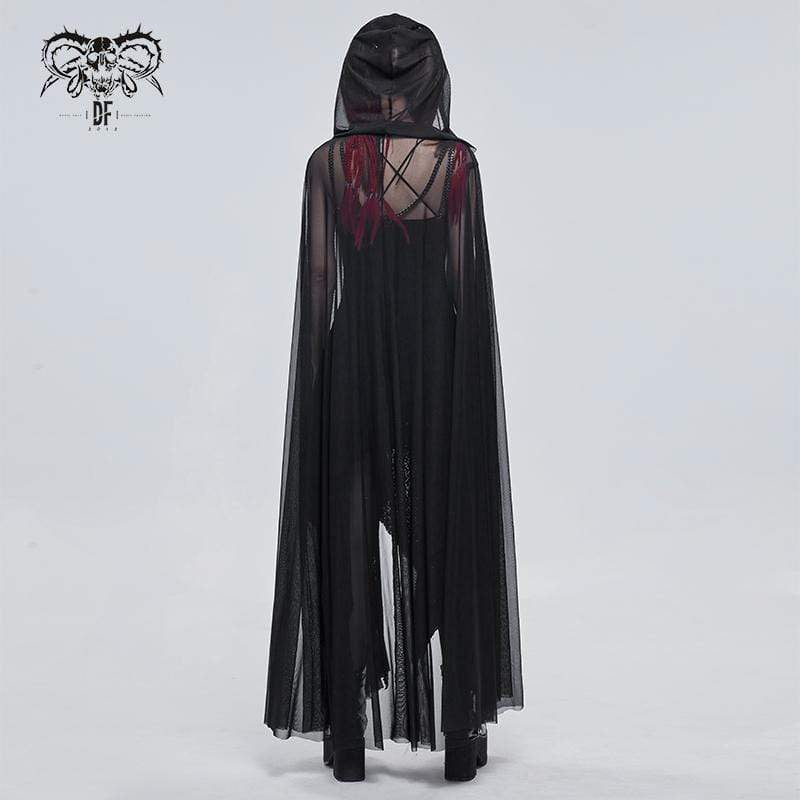 Damen Gothic Schnallen Sheer Long Umhang mit Kapuze