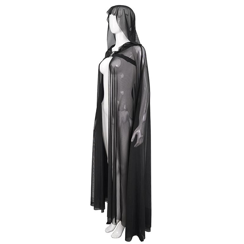Damen Gothic Schnallen Sheer Long Umhang mit Kapuze