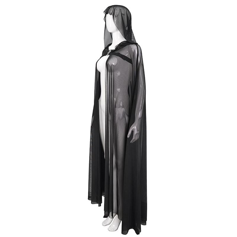 Women's Gothic Buckles Sheer Long Cloak with Hood