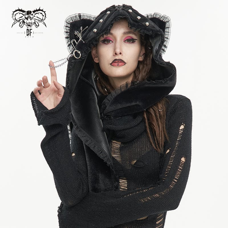 DEVIL FASHION Women's Gothic Cat Ear Fluffy Scarf with Hood