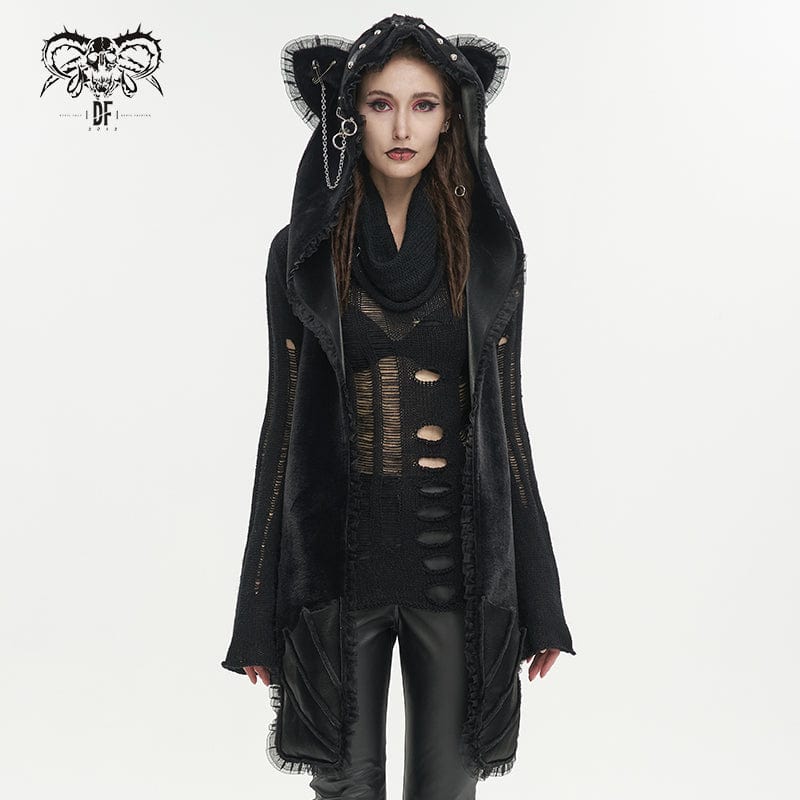 DEVIL FASHION Women's Gothic Cat Ear Fluffy Scarf with Hood
