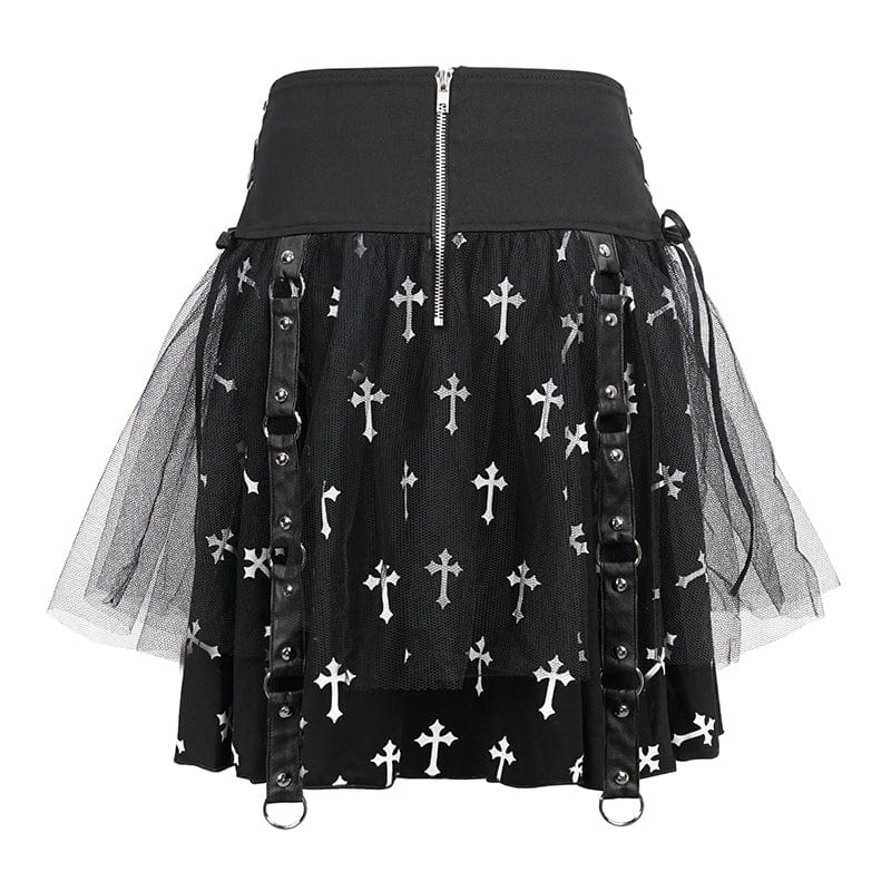 DEVIL FASHION Women's Gothic Cross Printed Mesh Splice Chain Skirt