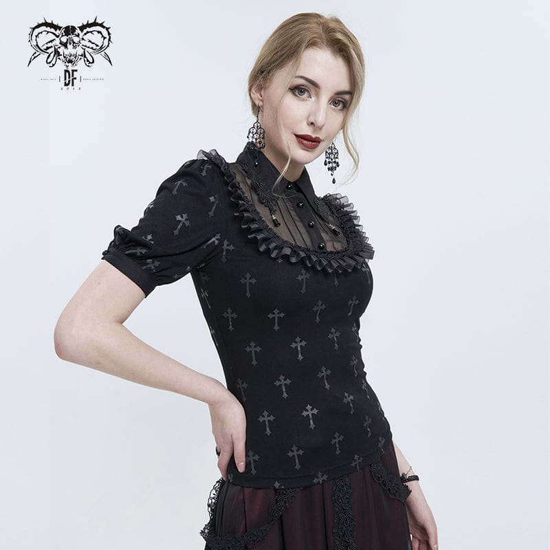 DEVIL FASHION Women's Gothic Cross Printed Ruffled Shirt
