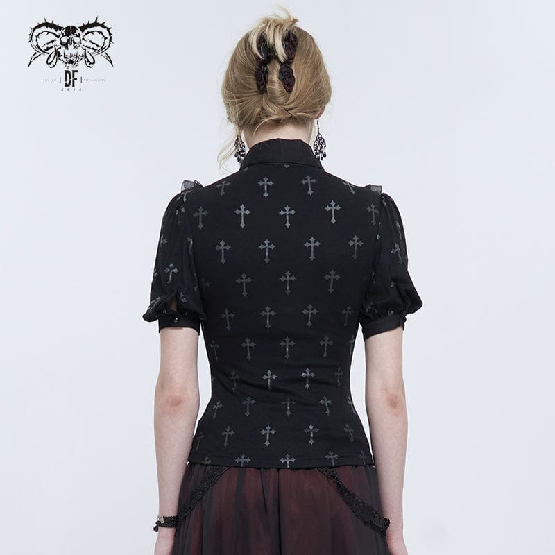 DEVIL FASHION Women's Gothic Cross Printed Ruffled Shirt