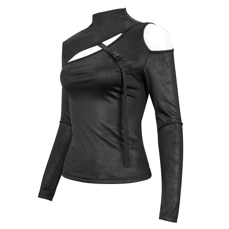 Women's Gothic Cutout Buckle Slim Fitted Top Black