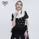 DEVIL FASHION Women's Gothic Double Color Cross Printed Ruffled Shirt