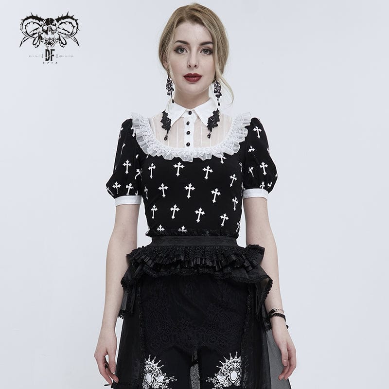 DEVIL FASHION Women's Gothic Double Color Cross Printed Ruffled Shirt