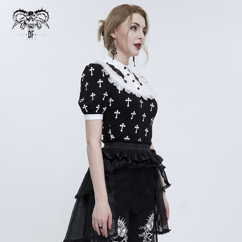 DEVIL FASHION Women's Gothic Double Color Cross Printed Ruffled Shirt