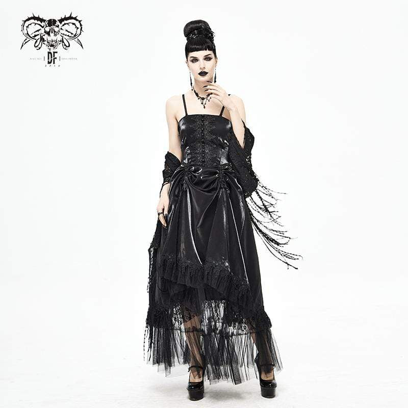 Women's Gothic Drawstring Lace Splice Black Slip Dress Wedding Dress