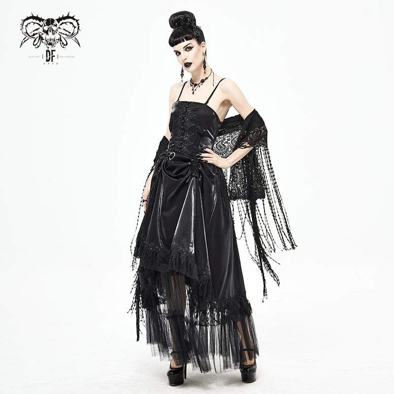 Women's Gothic Drawstring Lace Splice Black Slip Dress Wedding Dress