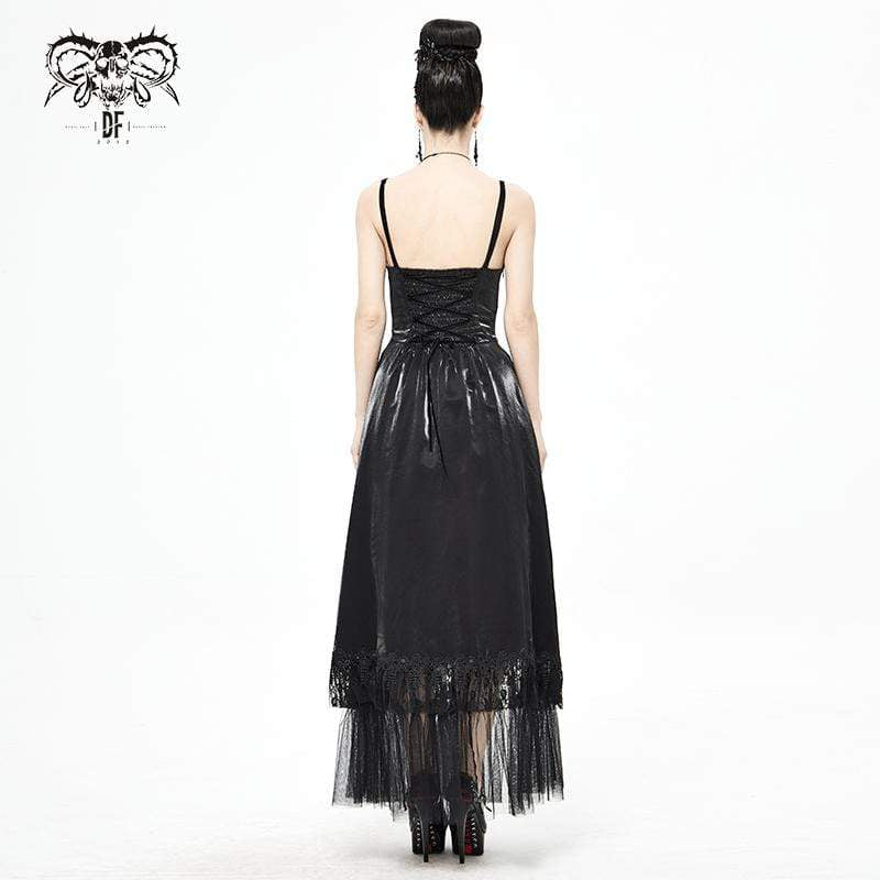 Women's Gothic Drawstring Lace Splice Black Slip Dress Punk Design Women's Gothic Drawstring Lace Splice Black Slip Dress Punk Design