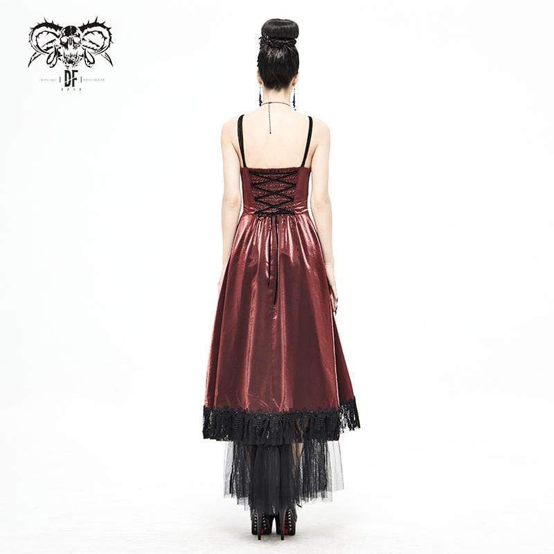 Women's Gothic Drawstring Lace Splice Red Slip Dress Wedding Dress