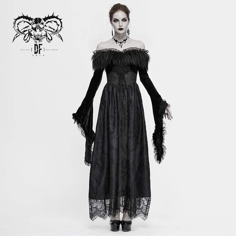 Women's Gothic Faux Fur Off-shoulder Lace Dresses  Punk Design