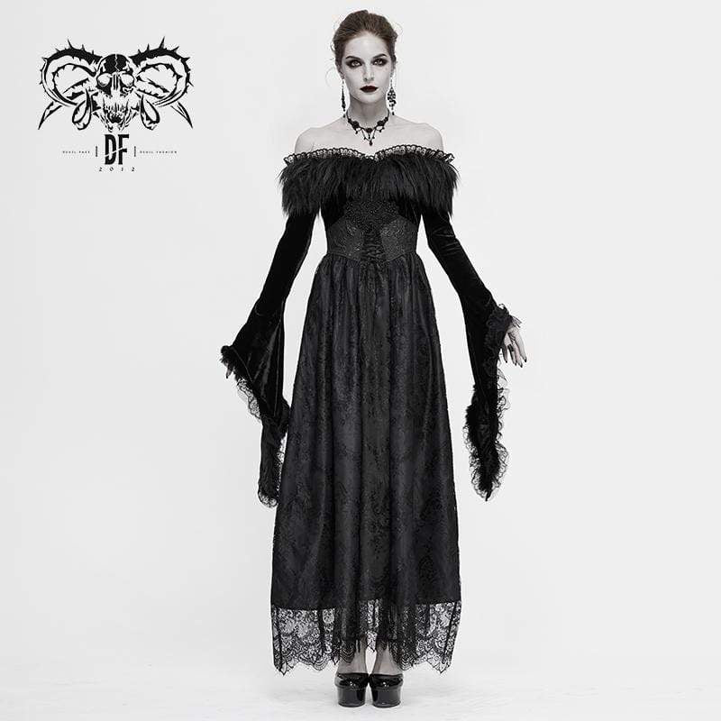 Women's Gothic Faux Fur Off-shoulder Lace Dresses Wedding Dress