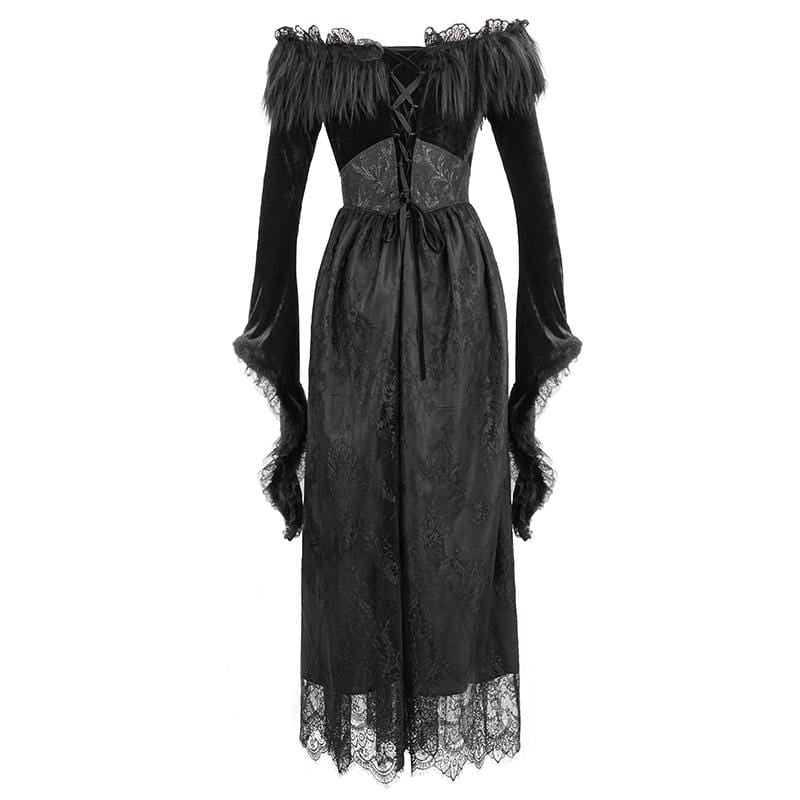 Women's Gothic Faux Fur Off-shoulder Lace Dresses Wedding Dress