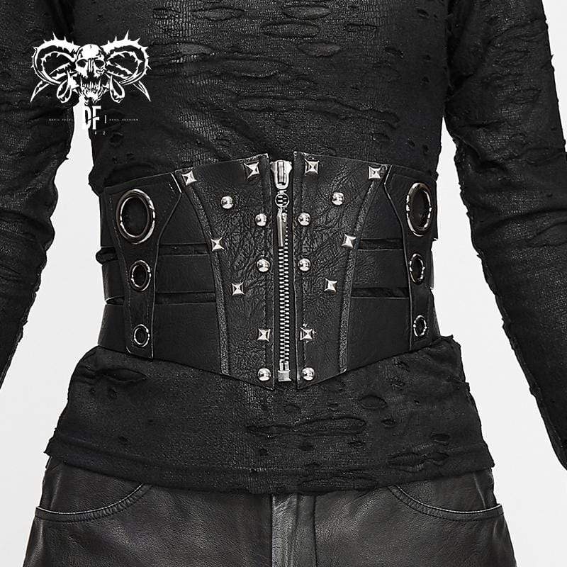 Women's Gothic Faux Leather Ripped Front Zip Belts With Rivets