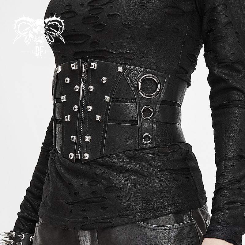 Women's Gothic Faux Leather Ripped Front Zip Belts With Rivets