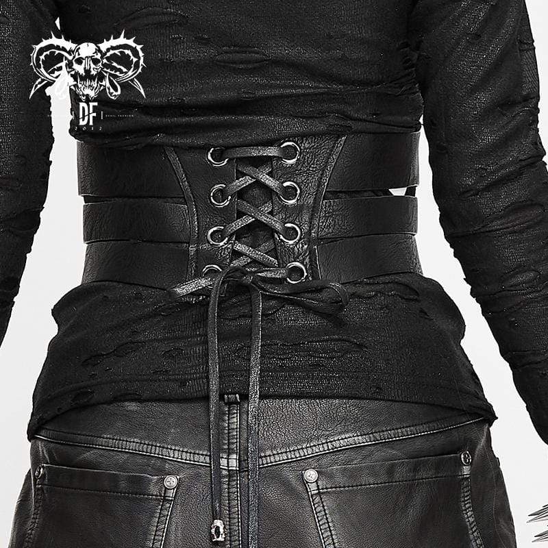 Women's Gothic Faux Leather Ripped Front Zip Belts With Rivets