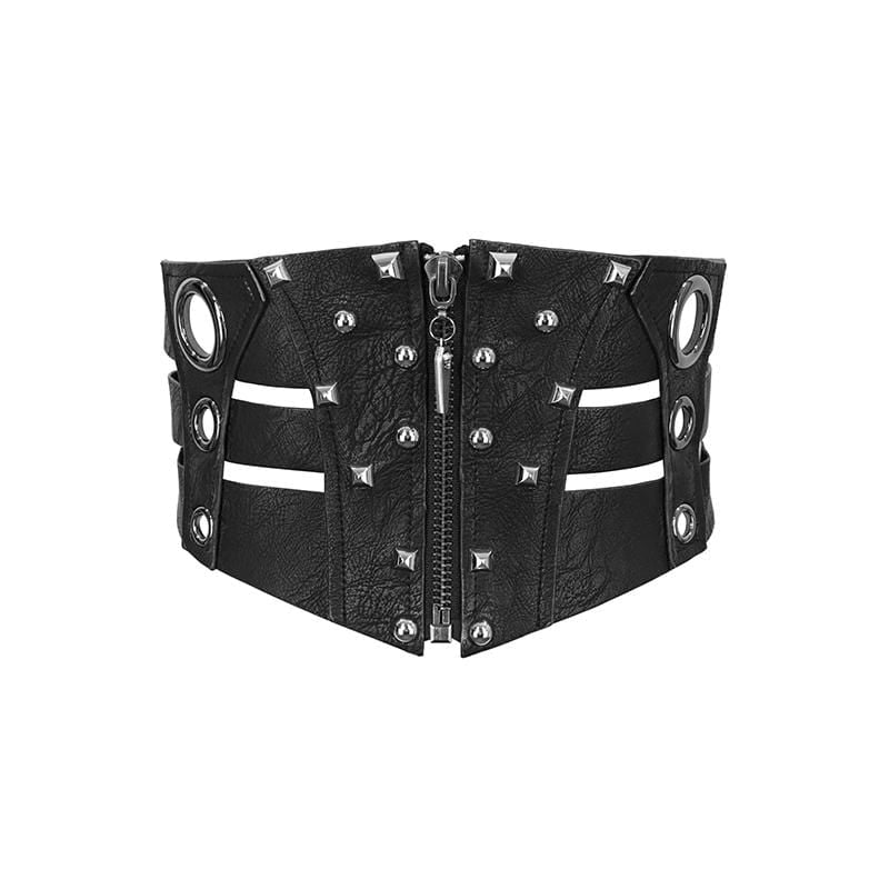 Women's Gothic Faux Leather Ripped Front Zip Belts With Rivets