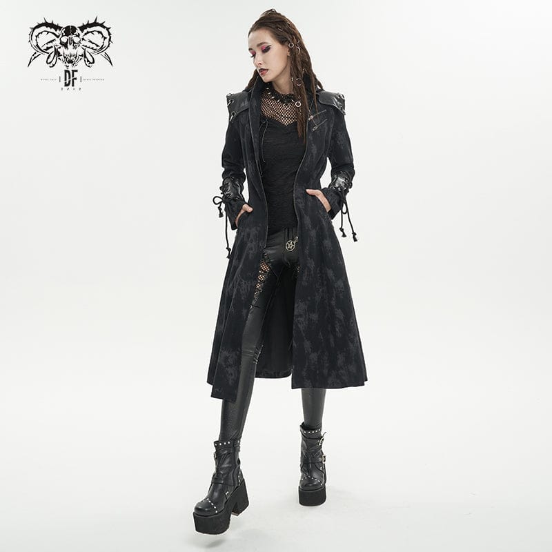 DEVIL FASHION Women's Gothic Faux Leather Splice Distressed Coat with Hood